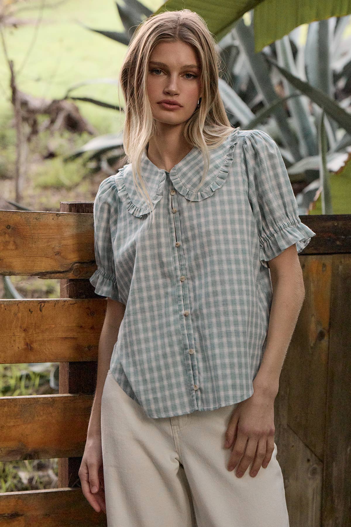 Ruffle Collar Gingham Blouse