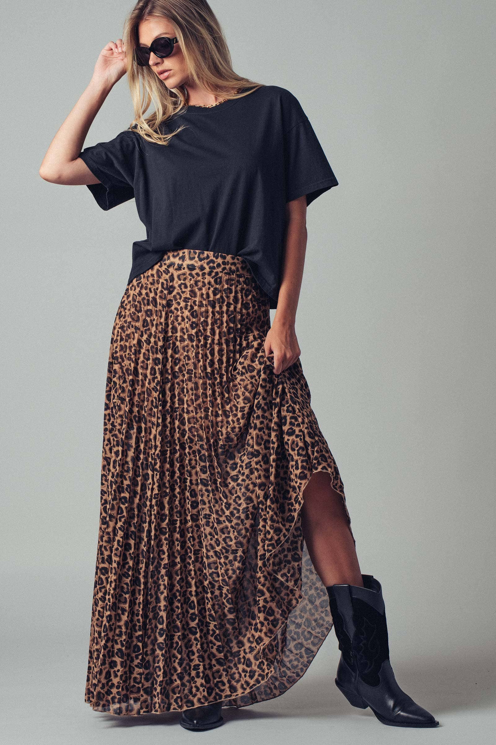 Leopard Print Pleated Midi Skirt