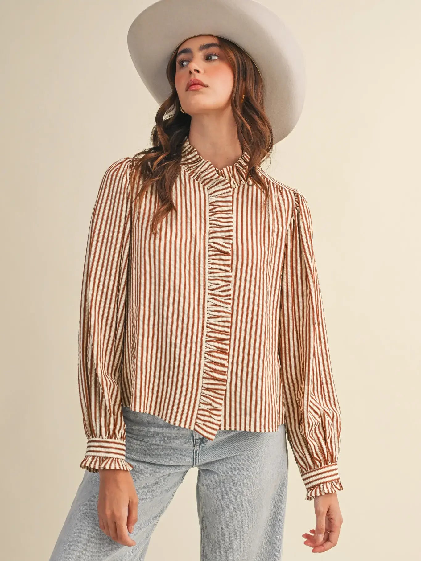 Striped Ruffled Button Down Top in Pecan Stripe
