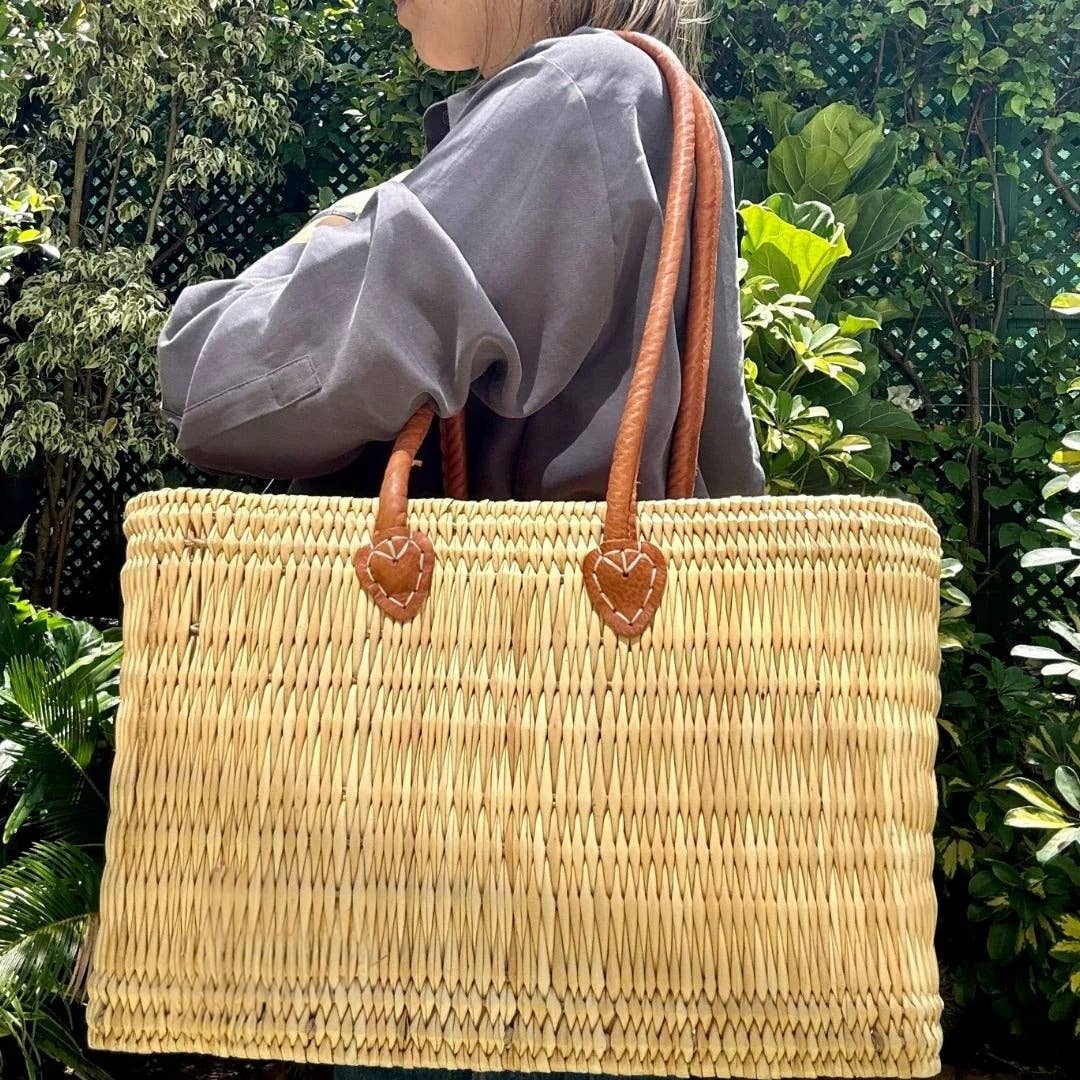 Reed Basket with Thick Leather Handles