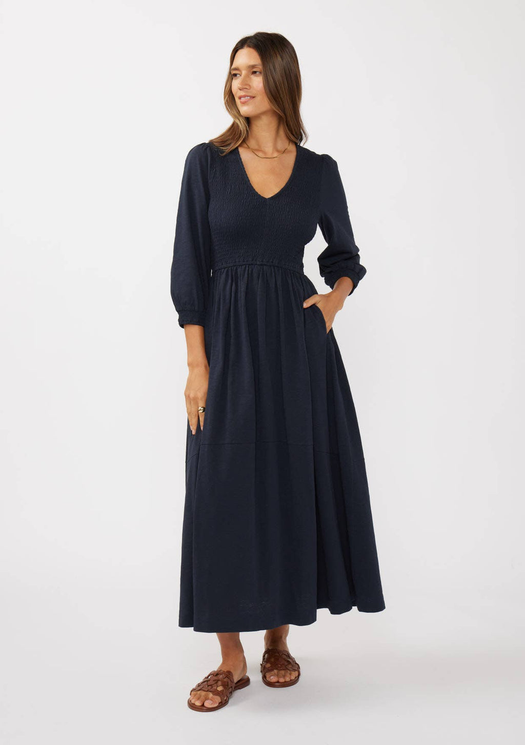 V-Neck Smocked Slub Knit Maxi Dress