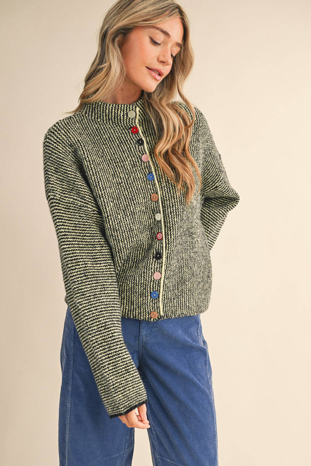 Striped Sweater Cardigan with Colorful Buttons