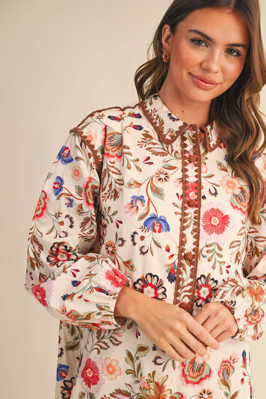 Blanket Stitch Buttoned Floral Mini Dress