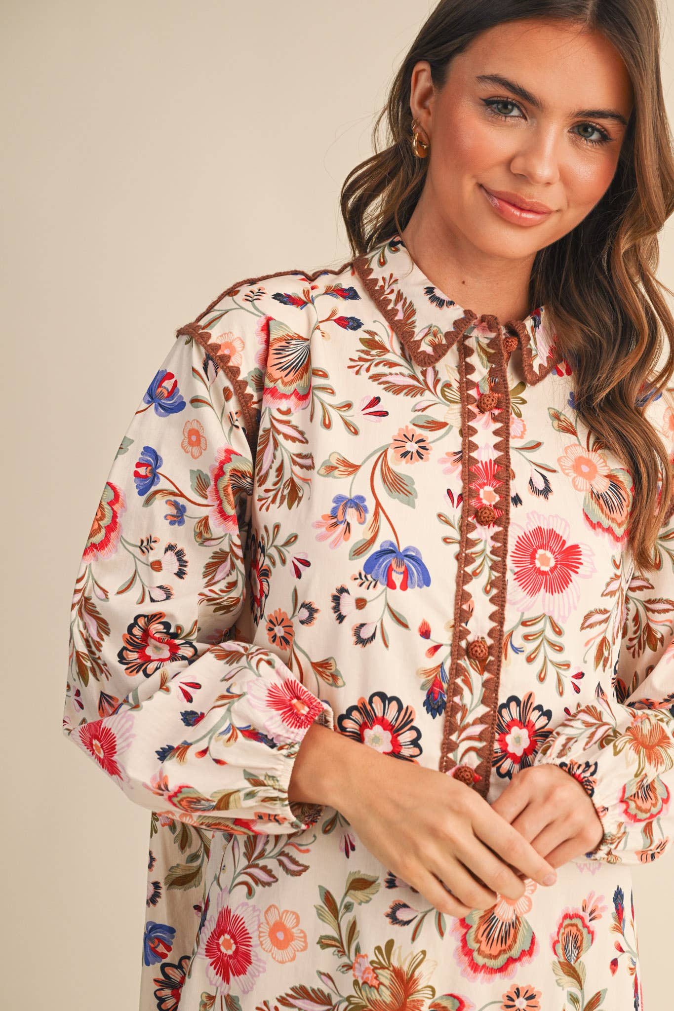 Blanket Stitch Buttoned Floral Mini Dress