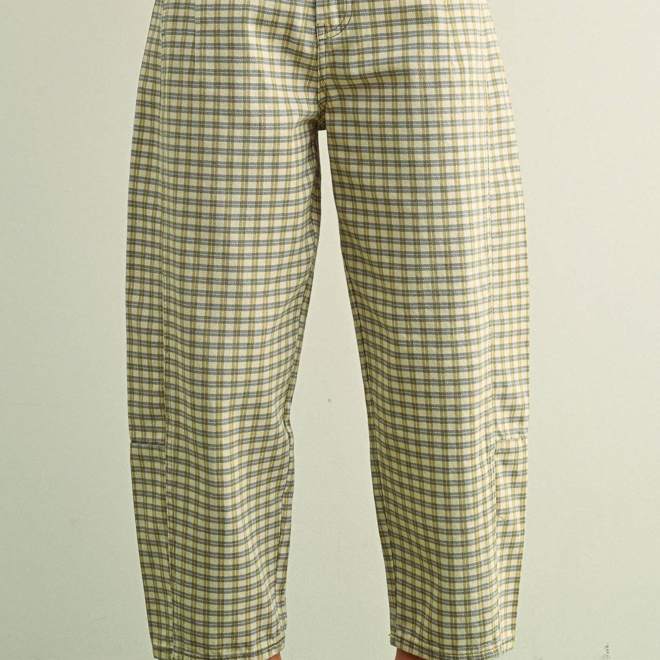 Mini Checker Pattern Barrel Pants in Olive Mist