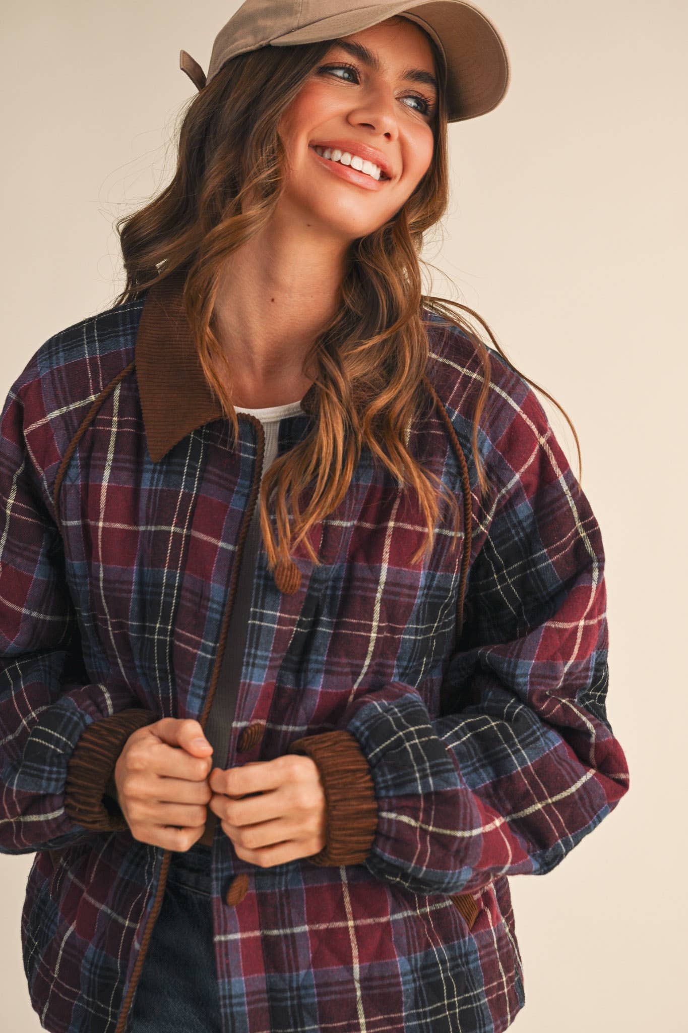 Plaid Quilted Jacket with Contrast Corduroy Detail