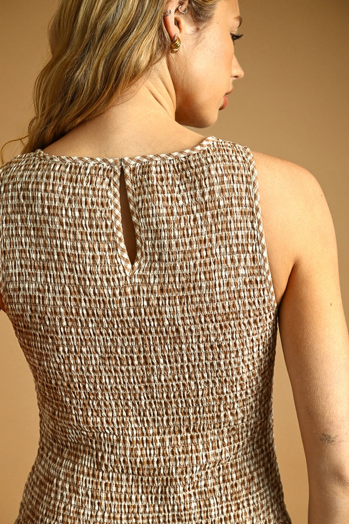 Mini Gingham Sleeveless Long Dress in Mocha
