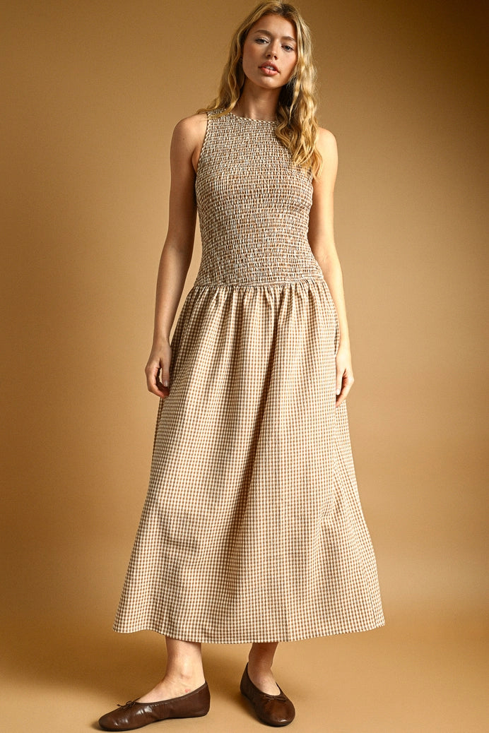 Mini Gingham Sleeveless Long Dress in Mocha