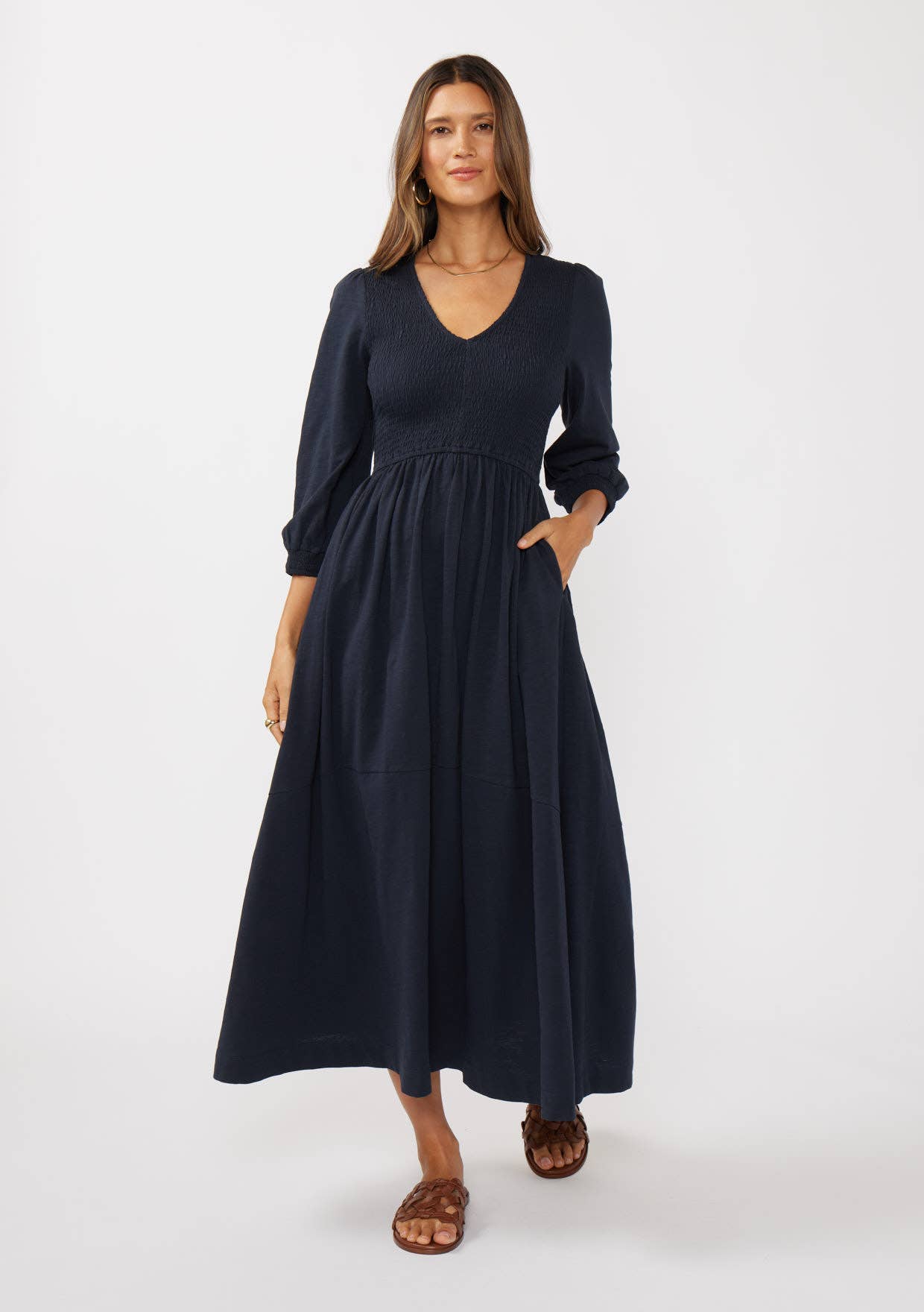 V-Neck Smocked Slub Knit Maxi Dress
