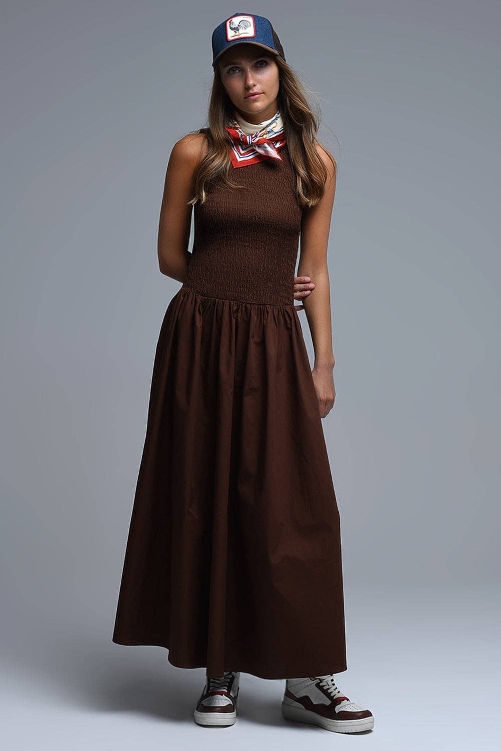 Maxi Brown Smocked Poplin Dress
