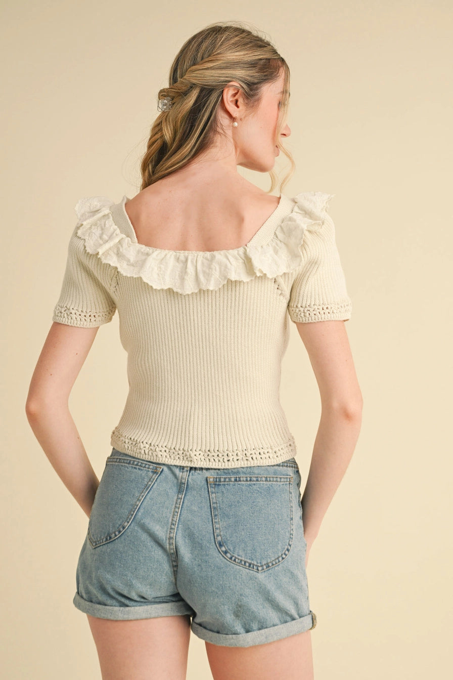 Ecru Ruffle Trim Short Sleeve Sweater