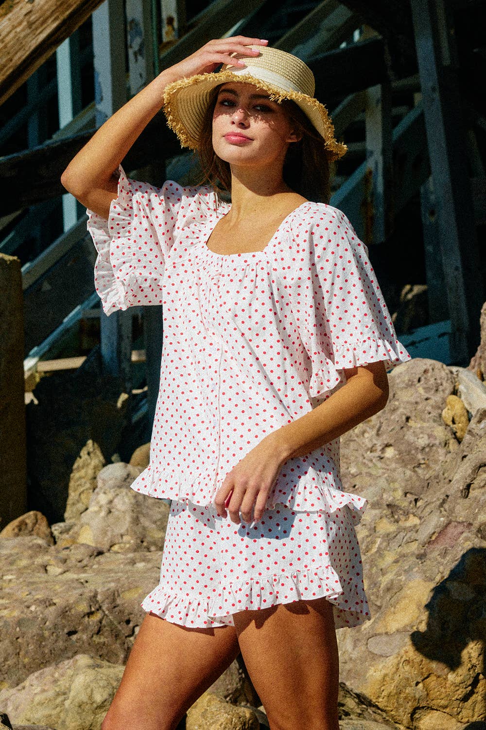 Ruffled Polka Dot Print Top
