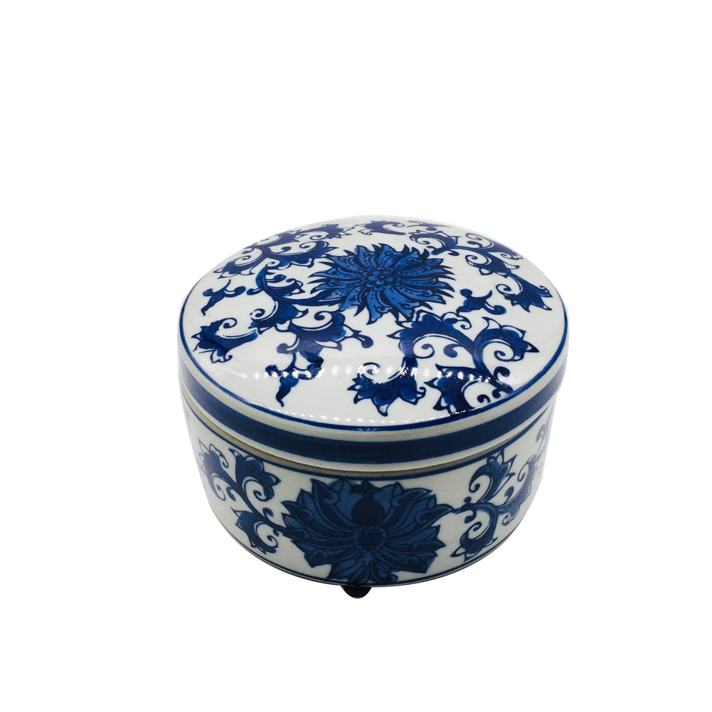 Blue & White Chinoiserie Round Ceramic Box - Lotus