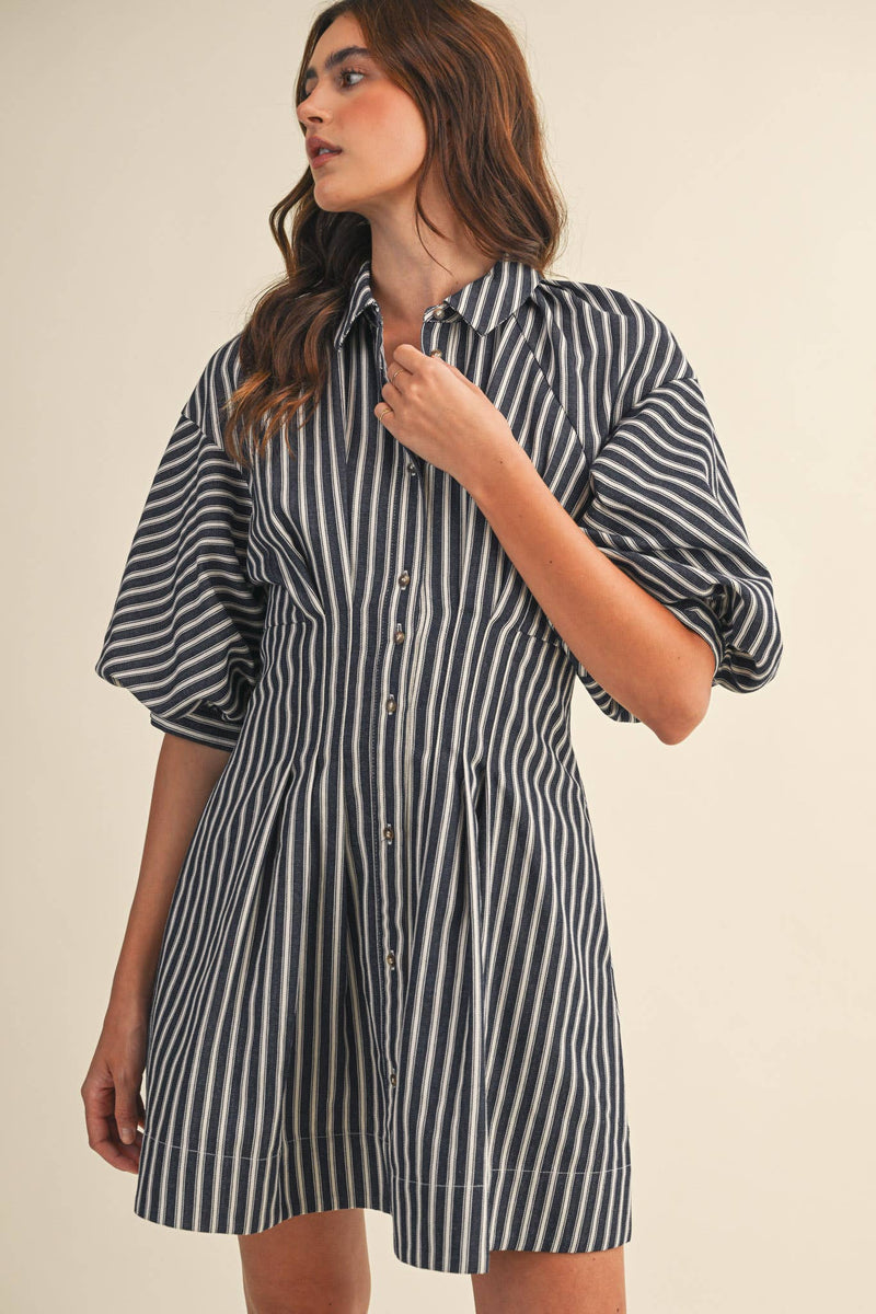 Striped Denim Bubble Sleeve Mini Dress