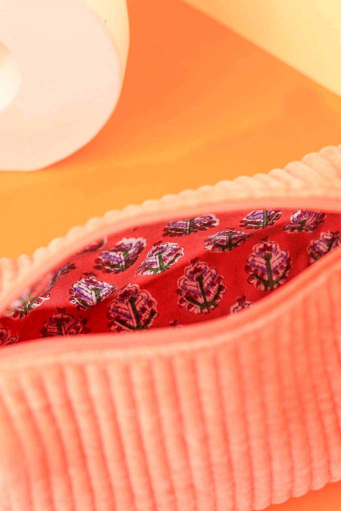 Salmon Velvet & Block Print Lined Cosmetic Pouch
