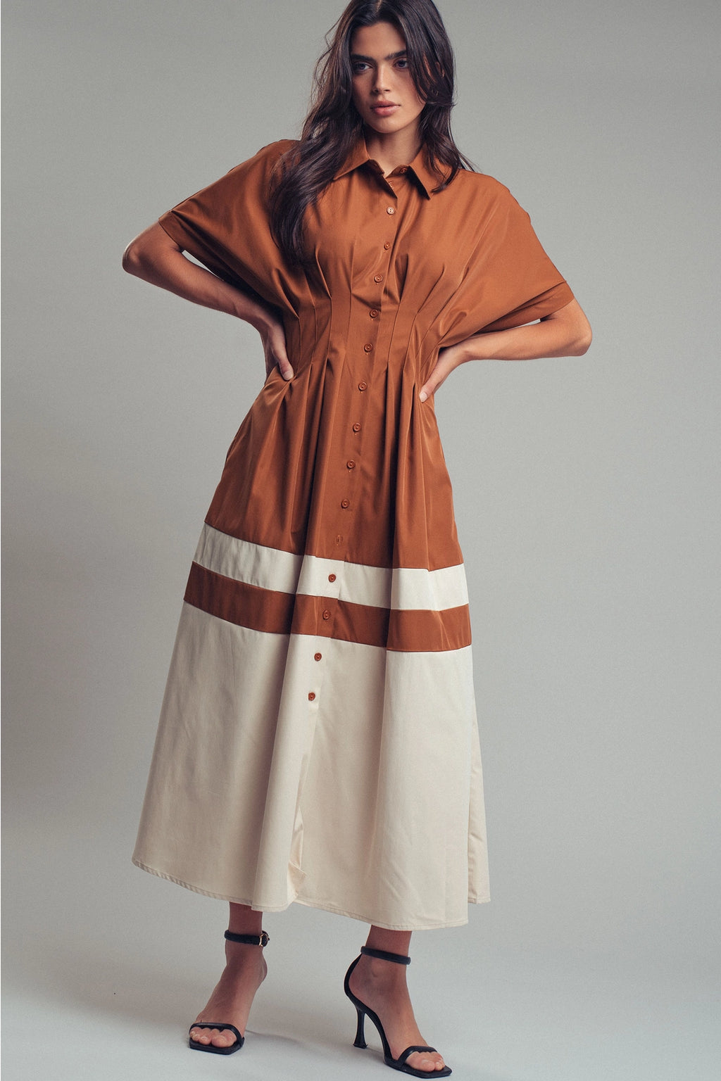 Colorblock Button-Up Cotton Midi Dress
