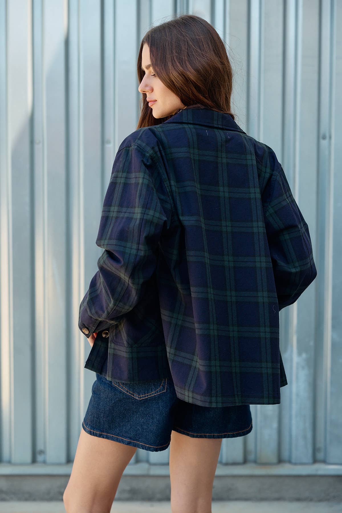 Navy Plaid Button Front Pocket Jacket
