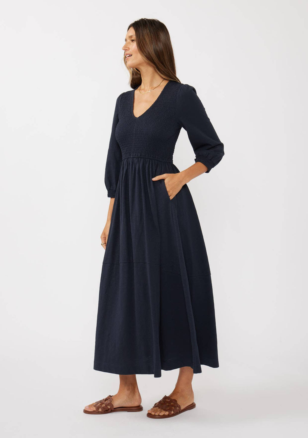V-Neck Smocked Slub Knit Maxi Dress