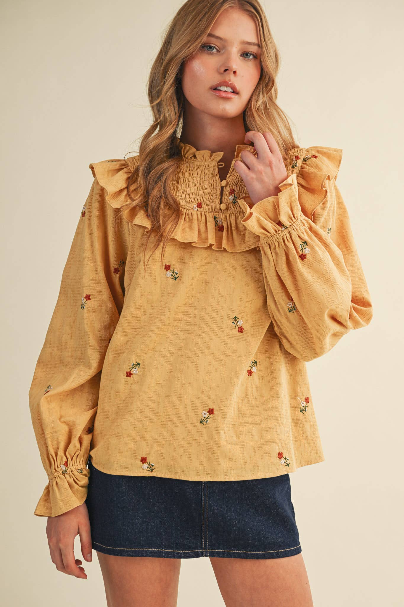 Smocked Yoke Embroidered Blouse