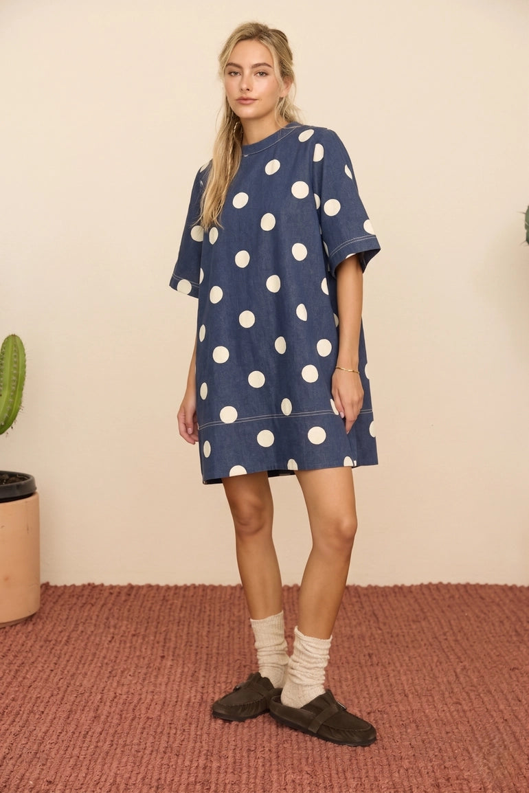 Polka Dot T-Shirt Mini Dress in Navy