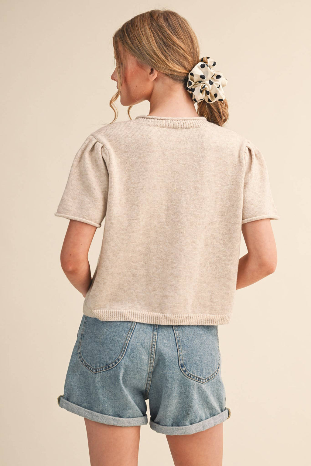 Short Sleeve Sweater Cardigan in Ivory Beige
