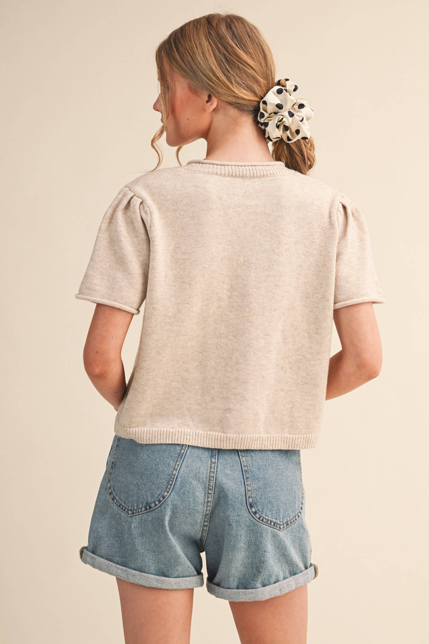 Short Sleeve Sweater Cardigan in Ivory Beige