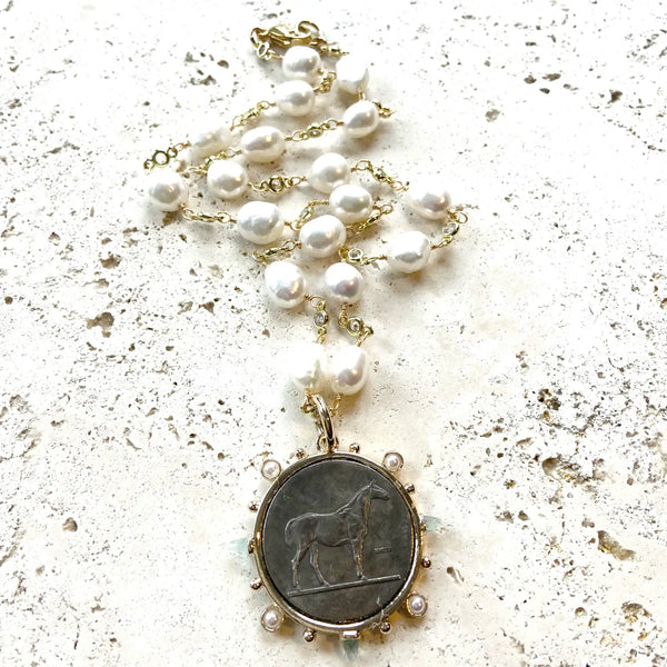 Matte Gold Horse French Bee Coin Necklace