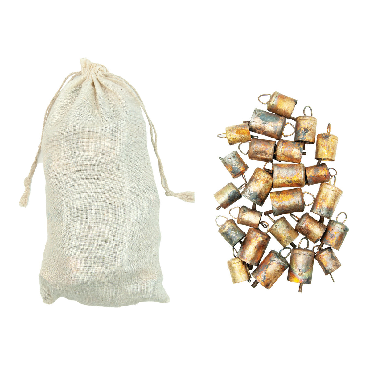 Distressed Gold Metal Bells in Muslin Bag