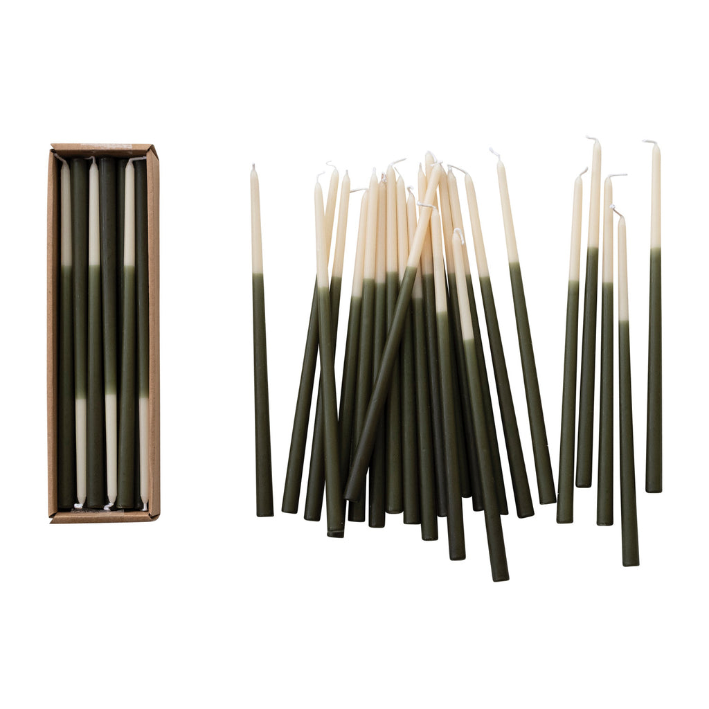 Green & Cream Two-Tone Thin Taper Candles in Box