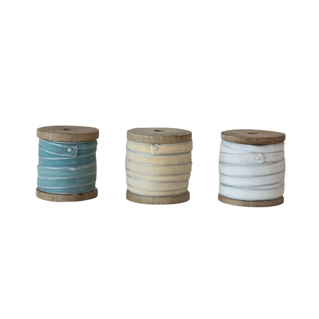 Metallic Silver Edge Velvet Ribbon on Wood Spool