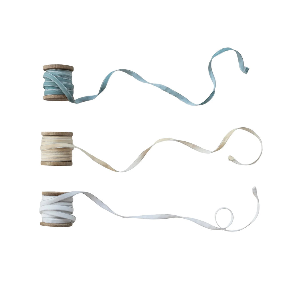Metallic Silver Edge Velvet Ribbon on Wood Spool