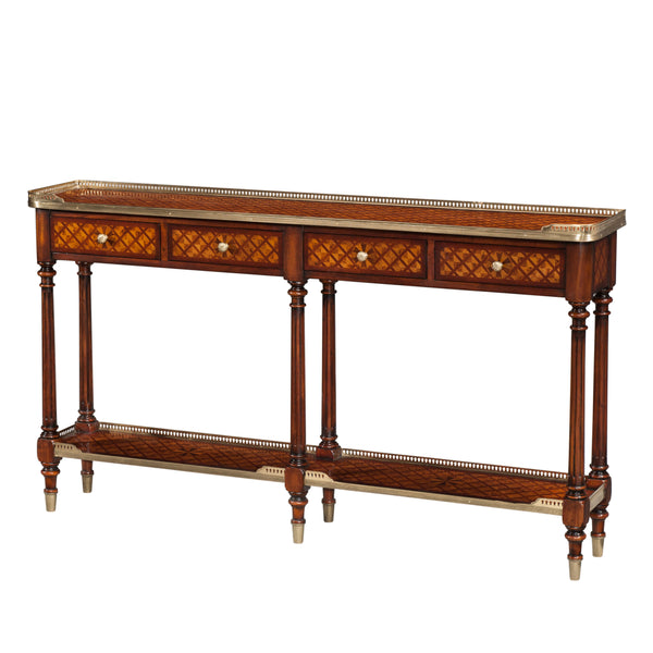 Burl Lattice Parquetry Brass Mounted Console Table