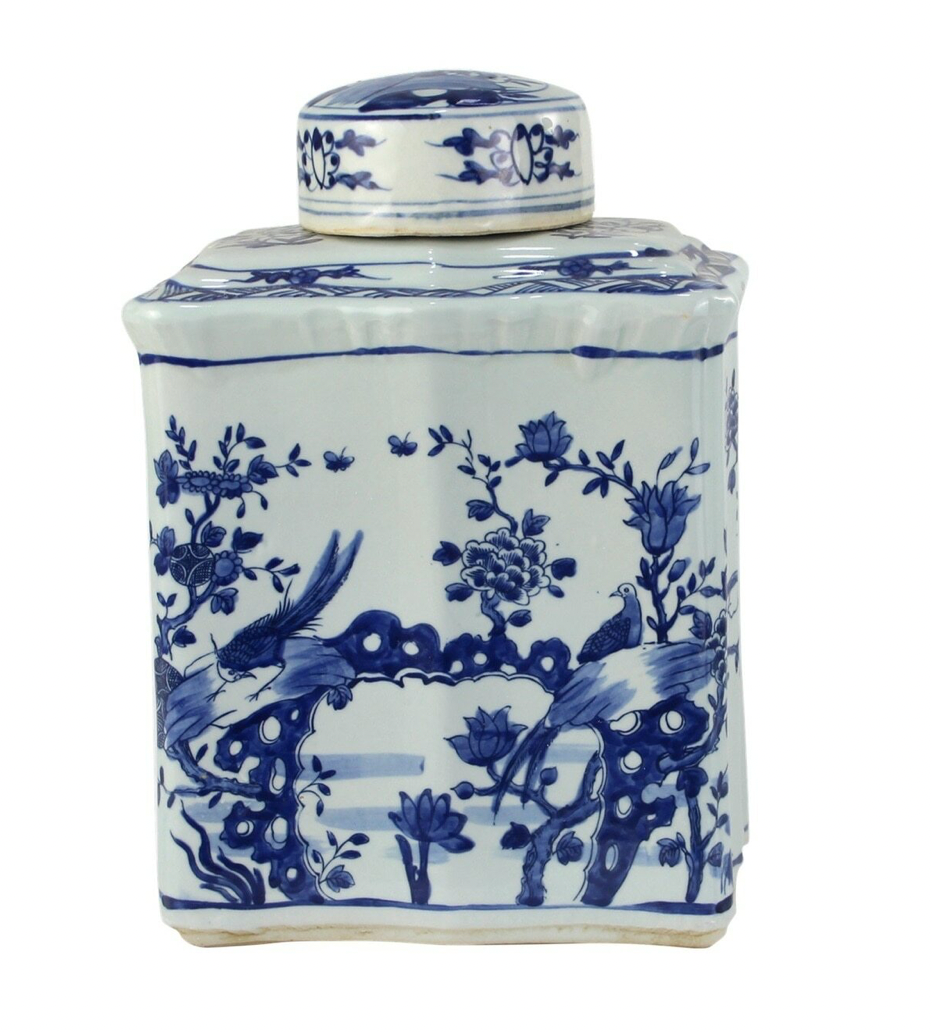 Blue And White Curved Tea Jar Bird Floral Design