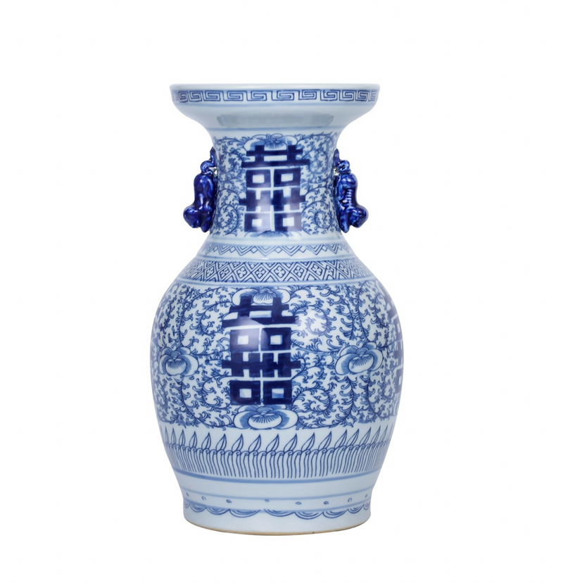 Blue and White Double Happiness Flower Vase