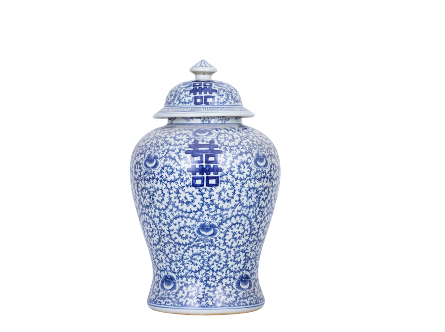 Blue & White Double Happiness Floral Temple Jar