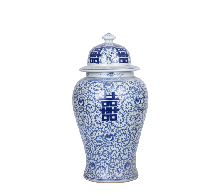 Blue & White Double Happiness Floral Temple Jar