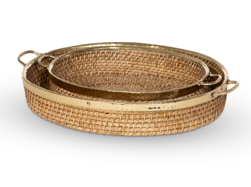 Amelia Woven Bamboo and Brass Oval Tray- Set of 2