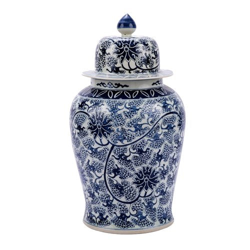 Blue & White Peacock Lotus Porcelain Temple Jar