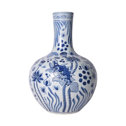 Blue & White Carved Fish Globular Vase