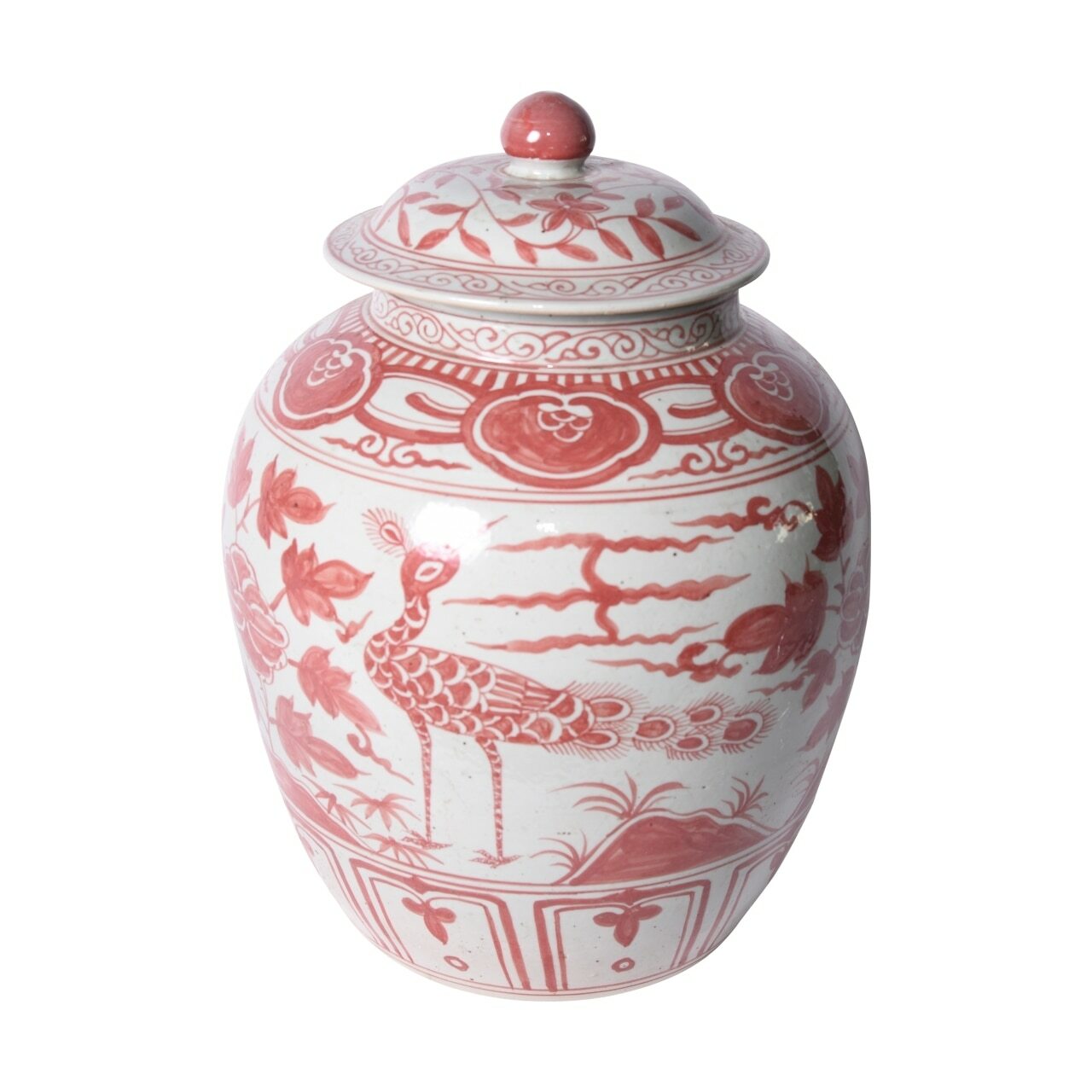Coral Red Ginger Jar Bird Motif Large