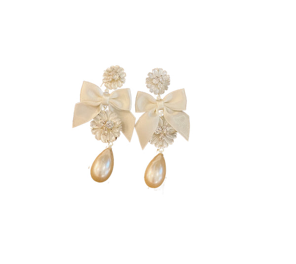 Nicola Bathie Embellished Mother of Pearl and Ivory Bow Earrings